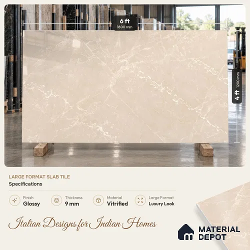 Marble Floor & Wall Tile TL 12914 Tunisia Beige 6 ft x 4 ft Velvet Finish Vitrified Tile - 9 mm | 3 Random Design | Suitable For Living Room, Bedroom & Dining