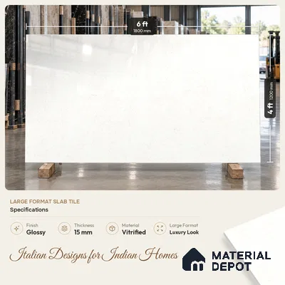 Marble Floor & Wall Tile TL 12916 Atlantic White 6 ft x 4 ft Polished Finish White Body Tile - 15 mm | 3 Random Design | Suitable For Living Room, Bedroom & Dining