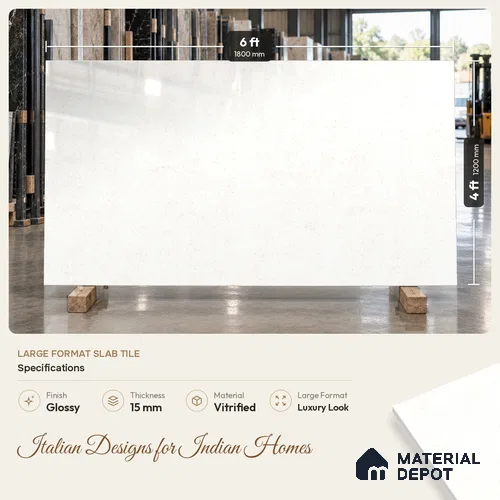 Marble Floor & Wall Tile TL 12916 Atlantic White 6 ft x 4 ft Polished Finish White Body Tile - 15 mm | 3 Random Design | Suitable For Living Room, Bedroom & Dining