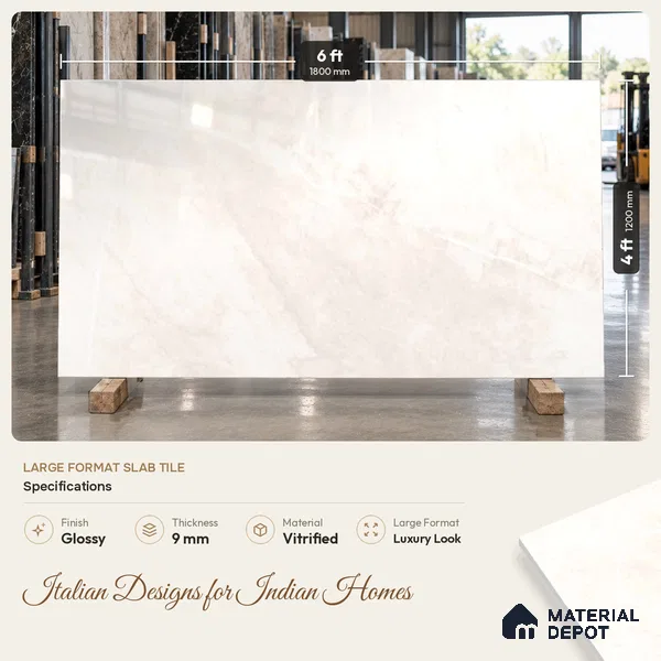 Marble Floor & Wall Tile TL 12919 Oman Light 6 ft x 4 ft Glossy Finish White Body Tile - 9 mm | Suitable For Living Room, Bedroom & Dining