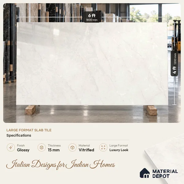 Marble Floor & Wall Tile TL 12921 Grande Sunlit Mist 6 ft x 4 ft Glossy Finish White Body Tile - 15 mm | Suitable For Living Room, Bedroom & Dining