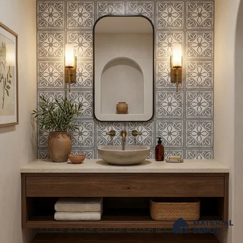 Moroccan Wall & Floor Tile TL 13050 C Graphite Floral 8 in x 8 in Vitrified Matte Finish - 8.5 mm | Luster Effect | Suitable for Living Room, Dining, Bathroom & Kitchen