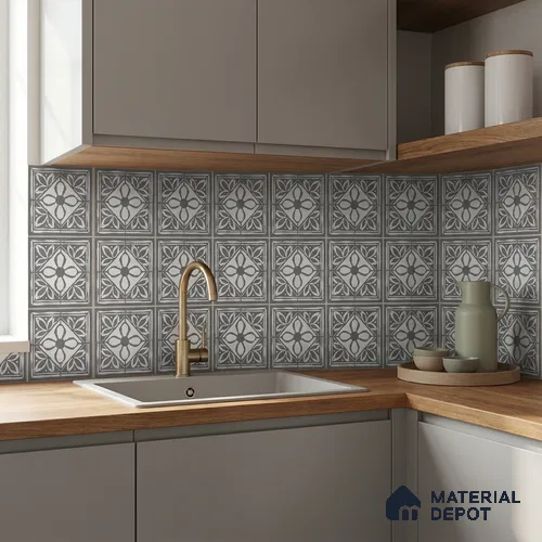 Moroccan Wall & Floor Tile TL 13050 C Graphite Floral 8 in x 8 in Vitrified Matte Finish - 8.5 mm | Luster Effect | Suitable for Living Room, Dining, Bathroom & Kitchen