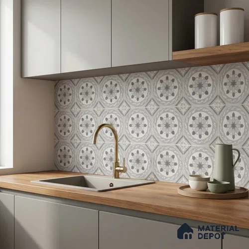 Moroccan Wall & Floor Tile TL 13050 D Silver Medallion 8 in x 8 in Vitrified Matte Finish - 8.5 mm | Luster Effect | Suitable for Living Room, Dining, Bathroom & Kitchen