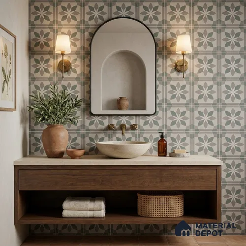 Moroccan Wall & Floor Tile TL 13053 Sage Blossom 8 in x 8 in Vitrified Matte Finish - 8.5 mm | Luster Effect | Suitable for Living Room, Dining, Bathroom & Kitchen