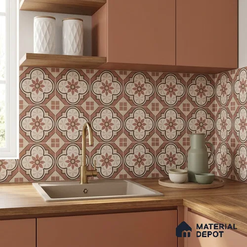 Moroccan Wall & Floor Tile TL 13058 Terracotta Quatrefoil 8 in x 8 in Vitrified Matte Finish - 8.5 mm | Luster Effect | Suitable for Living Room, Dining, Bathroom & Kitchen