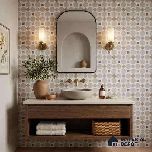 Moroccan Wall & Floor Tile TL 13059 Pastel Compass 8 in x 8 in Vitrified Matte Finish - 8.5 mm | Luster Effect | Suitable for Living Room, Dining, Bathroom & Kitchen
