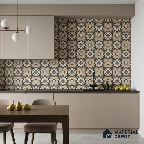 Moroccan Wall & Floor Tile TL 13064 Golden Filigree 8 in x 8 in Vitrified Matte Finish - 8.5 mm | Luster Effect | Suitable for Living Room, Dining, Bathroom & Kitchen