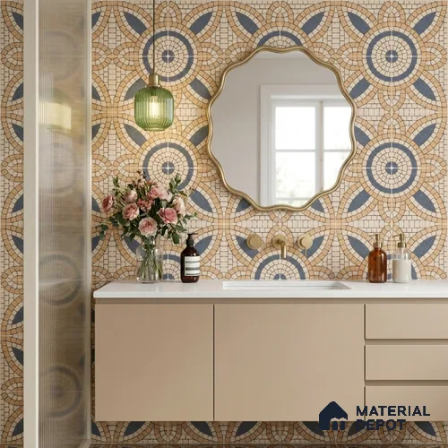 Moroccan Wall & Floor Tile TL 13065 Sunstone Compass 8 in x 8 in Vitrified Matte Finish - 8.5 mm | Luster Effect | Suitable for Living Room, Dining, Bathroom & Kitchen