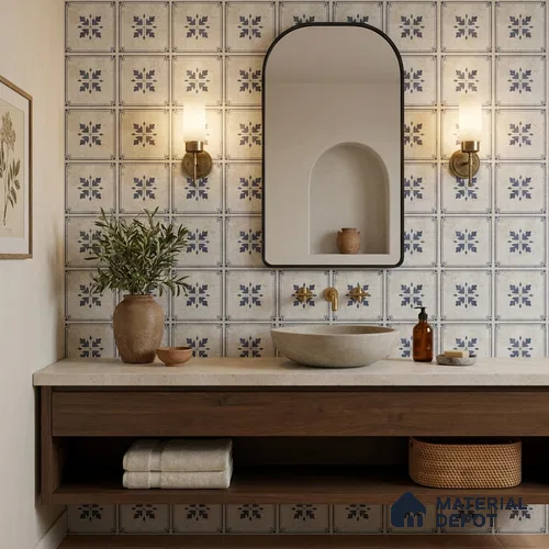 Moroccan Wall & Floor Tile TL 13078 Delft Bloom 8 in x 8 in Vitrified Matte Finish - 8.5 mm | Luster Effect | Suitable for Living Room, Dining, Bathroom & Kitchen
