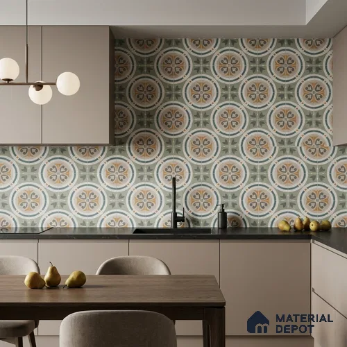 Moroccan Wall & Floor Tile TL 13081 Olive Medallion 8 in x 8 in Vitrified Matte Finish - 8.5 mm | Luster Effect | Suitable for Living Room, Dining, Bathroom & Kitchen