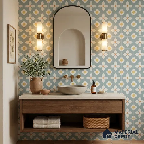 Moroccan Wall & Floor Tile TL 13082 Teal Blossom 8 in x 8 in Vitrified Matte Finish - 8.5 mm | Luster Effect | Suitable for Living Room, Dining, Bathroom & Kitchen