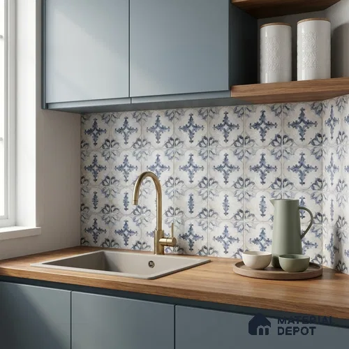 Moroccan Wall & Floor Tile TL 13083 Navy Arabesque 8 in x 8 in Vitrified Matte Finish - 8.5 mm | Luster Effect | Suitable for Living Room, Dining, Bathroom & Kitchen