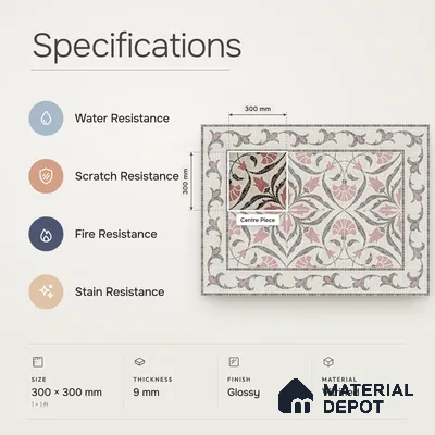 Handmade Third Fired Patterned Wall & Floor Decor Tile TL 13121 Tulip Vine 300x300 mm Embossed Glossy Finish Vitrified Tile - 9 mm | Suitable For Kitchen, Bathroom, Living Area