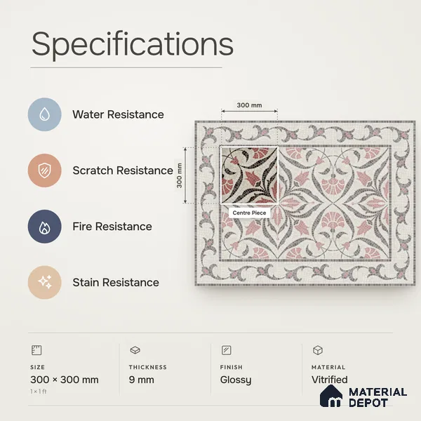 Handmade Third Fired Patterned Wall & Floor Decor Tile TL 13121 Tulip Vine 300x300 mm Embossed Glossy Finish Vitrified Tile - 9 mm | Suitable For Kitchen, Bathroom, Living Area