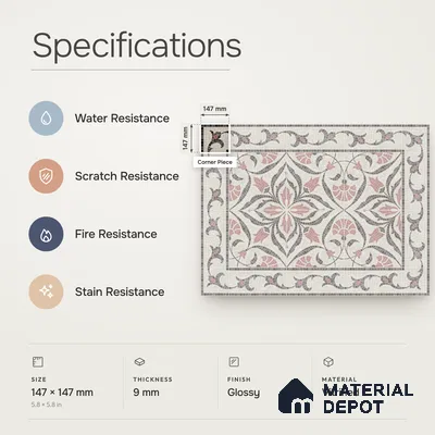 Handmade Third Fired Patterned Wall & Floor Corner Tile TL 13121 C Tulip Vine 147x147 mm Embossed Glossy Finish Vitrified Tile - 9 mm | Suitable For Kitchen, Bathroom, Living Area