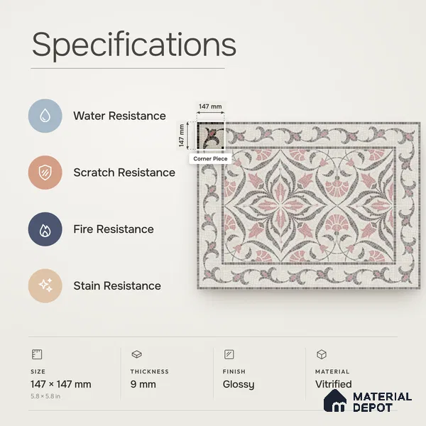 Handmade Third Fired Patterned Wall & Floor Corner Tile TL 13121 C Tulip Vine 147x147 mm Embossed Glossy Finish Vitrified Tile - 9 mm | Suitable For Kitchen, Bathroom, Living Area
