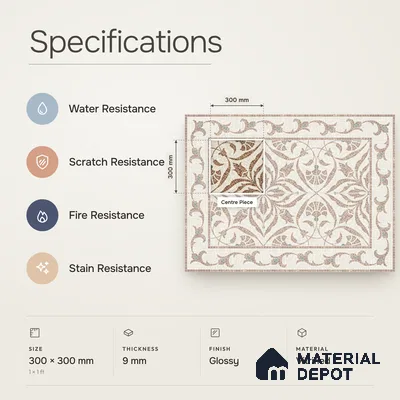 Handmade Third Fired Patterned Wall & Floor Decor Tile TL 13121 D Teal Leaf 300x300 mm Embossed Glossy Finish Vitrified Tile - 9 mm | Suitable For Kitchen, Bathroom, Living Area