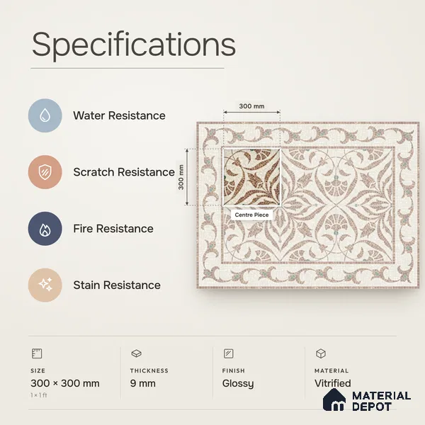 Handmade Third Fired Patterned Wall & Floor Decor Tile TL 13121 D Teal Leaf 300x300 mm Embossed Glossy Finish Vitrified Tile - 9 mm | Suitable For Kitchen, Bathroom, Living Area