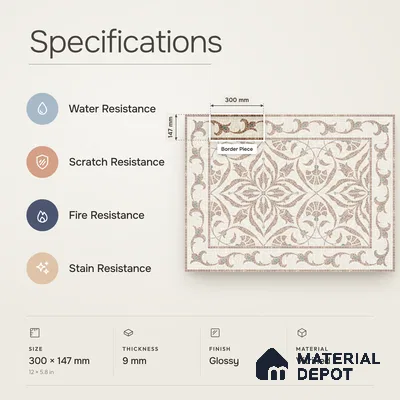 Handmade Third Fired Patterned Wall & Floor Border Tile TL 13121 E Teal Leaf 300x147 mm Embossed Glossy Finish Vitrified Tile - 9 mm | Suitable For Kitchen, Bathroom, Living Area