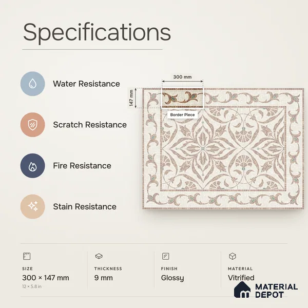 Handmade Third Fired Patterned Wall & Floor Border Tile TL 13121 E Teal Leaf 300x147 mm Embossed Glossy Finish Vitrified Tile - 9 mm | Suitable For Kitchen, Bathroom, Living Area