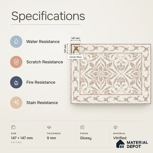 Handmade Third Fired Patterned Wall & Floor Corner Tile TL 13121 F Teal Leaf 147x147 mm Embossed Glossy Finish Vitrified Tile - 9 mm | Suitable For Kitchen, Bathroom, Living Area