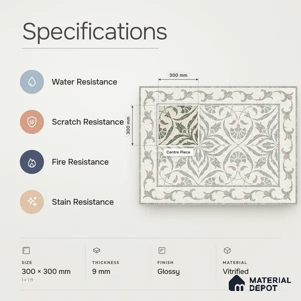 Handmade Third Fired Patterned Wall & Floor Decor Tile TL 13121 G Rust Leaf 300x300 mm Embossed Glossy Finish Vitrified Tile - 9 mm | Suitable For Kitchen, Bathroom, Living Area