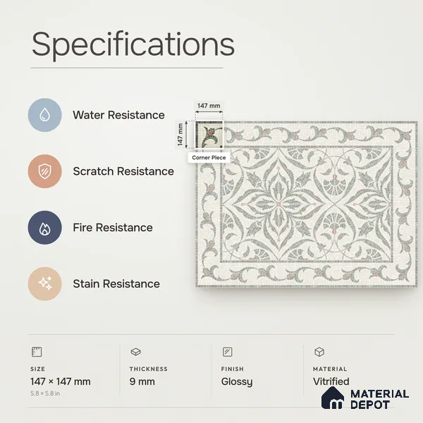 Handmade Third Fired Patterned Wall & Floor Corner Tile TL 13121 I Rust Leaf 147x147 mm Embossed Glossy Finish Vitrified Tile - 9 mm | Suitable For Kitchen, Bathroom, Living Area