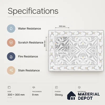Handmade Third Fired Patterned Wall & Floor Decor Tile TL 13121 J Tiberis Grey 300x300 mm Embossed Glossy Finish Vitrified Tile - 9 mm | Suitable For Kitchen, Bathroom, Living Area