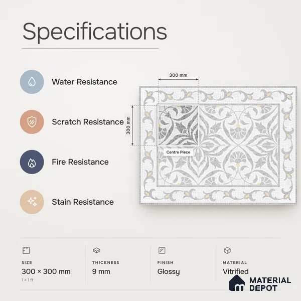 Handmade Third Fired Patterned Wall & Floor Decor Tile TL 13121 J Tiberis Grey 300x300 mm Embossed Glossy Finish Vitrified Tile - 9 mm | Suitable For Kitchen, Bathroom, Living Area