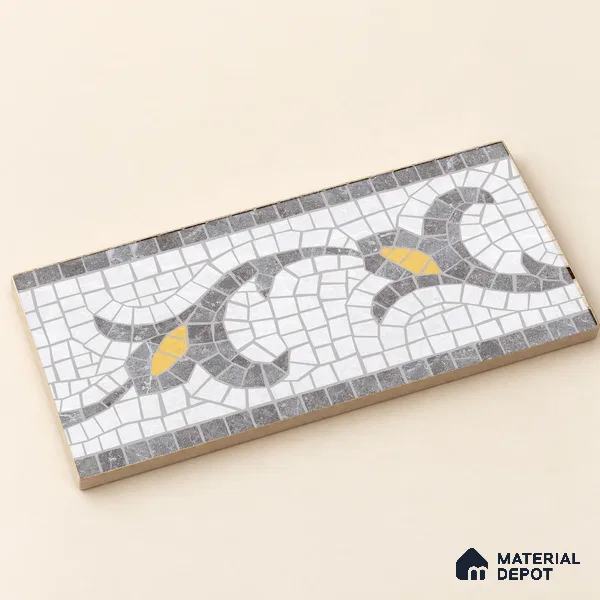 Handmade Third Fired Patterned Wall & Floor Border Tile TL 13121 K Tiberis Grey 300x147 mm Embossed Glossy Finish Vitrified Tile - 9 mm | Suitable For Kitchen, Bathroom, Living Area