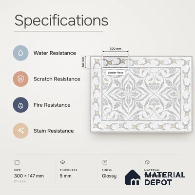 Handmade Third Fired Patterned Wall & Floor Border Tile TL 13121 K Tiberis Grey 300x147 mm Embossed Glossy Finish Vitrified Tile - 9 mm | Suitable For Kitchen, Bathroom, Living Area