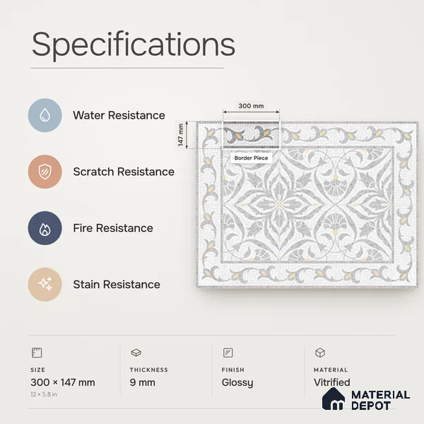 Handmade Third Fired Patterned Wall & Floor Border Tile TL 13121 K Tiberis Grey 300x147 mm Embossed Glossy Finish Vitrified Tile - 9 mm | Suitable For Kitchen, Bathroom, Living Area