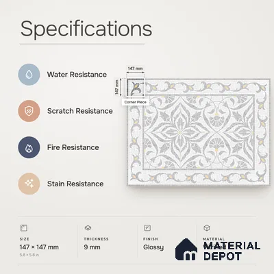 Handmade Third Fired Patterned Wall & Floor Corner Tile TL 13121 L Tiberis Grey 147x147 mm Embossed Glossy Finish Vitrified Tile - 9 mm | Suitable For Kitchen, Bathroom, Living Area