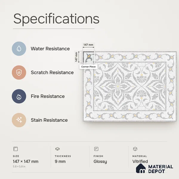Handmade Third Fired Patterned Wall & Floor Corner Tile TL 13121 L Tiberis Grey 147x147 mm Embossed Glossy Finish Vitrified Tile - 9 mm | Suitable For Kitchen, Bathroom, Living Area