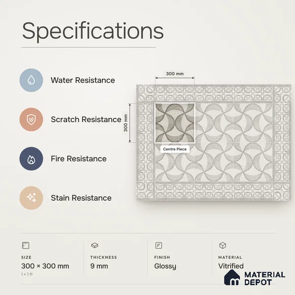 Handmade Third Fired Patterned Wall & Floor Decor Tile TL 13122 Beige Interlaced 300x300 mm Embossed Glossy Finish Vitrified Tile - 9 mm | Suitable For Kitchen, Bathroom, Living Area