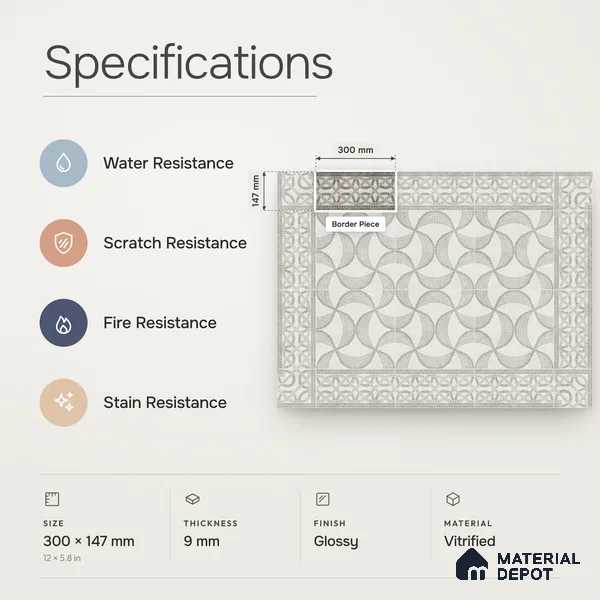 Handmade Third Fired Patterned Wall & Floor Border Tile TL 13122 B Beige Interlaced 300x147 mm Embossed Glossy Finish Vitrified Tile - 9 mm | Suitable For Kitchen, Bathroom, Living Area