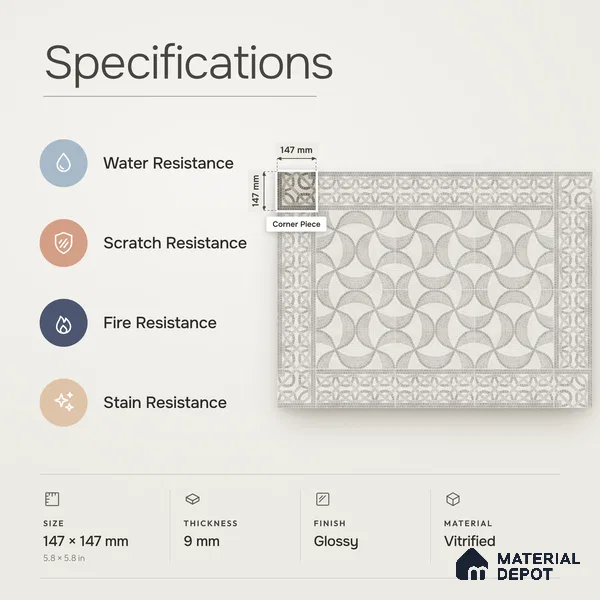Handmade Third Fired Patterned Wall & Floor Corner Tile TL 13122 C Beige Interlaced 147x147 mm Embossed Glossy Finish Vitrified Tile - 9 mm | Suitable For Kitchen, Bathroom, Living Area