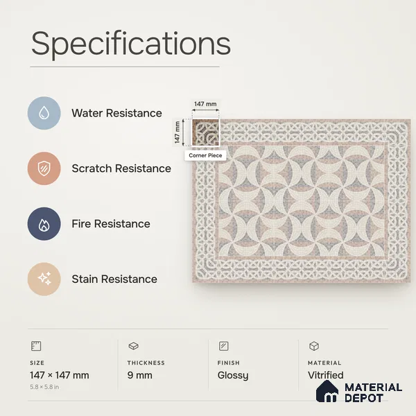 Handmade Third Fired Patterned Wall & Floor Corner Tile TL 13122 F Terracotta Interlaced 147x147 mm Embossed Glossy Finish Vitrified Tile - 9 mm | Suitable For Kitchen, Bathroom, Living Area