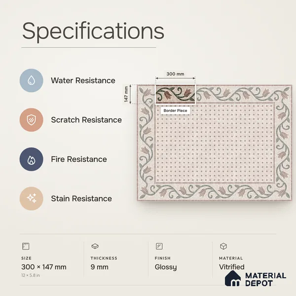 Handmade Third Fired Patterned Wall & Floor Border Tile TL 13123 B Red Basketweave 300x147 mm Embossed Glossy Finish Vitrified Tile - 9 mm | Suitable For Kitchen, Bathroom, Living Area