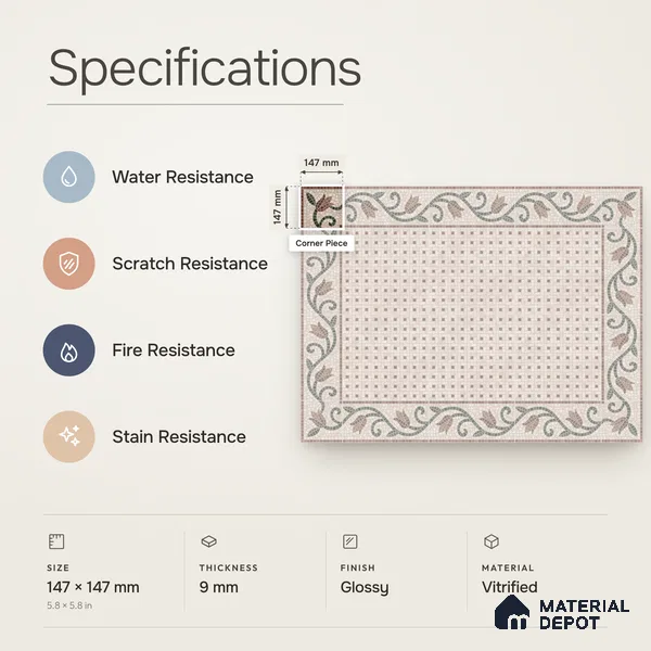 Handmade Third Fired Patterned Wall & Floor Corner Tile TL 13123 C Red Basketweave 147x147 mm Embossed Glossy Finish Vitrified Tile - 9 mm | Suitable For Kitchen, Bathroom, Living Area