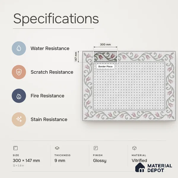 Handmade Third Fired Patterned Wall & Floor Border Tile TL 13123 E Charcoal Basketweave 300x147 mm Embossed Glossy Finish Vitrified Tile - 9 mm | Suitable For Kitchen, Bathroom, Living Area