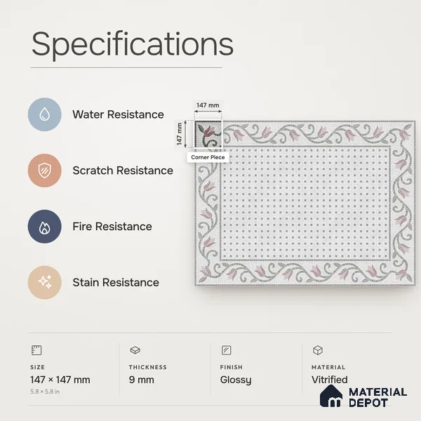 Handmade Third Fired Patterned Wall & Floor Corner Tile TL 13123 F Charcoal Basketweave 147x147 mm Embossed Glossy Finish Vitrified Tile - 9 mm | Suitable For Kitchen, Bathroom, Living Area