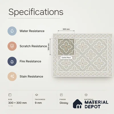 Handmade Third Fired Patterned Wall & Floor Decor Tile TL 13124 Sage Ochre 300x300 mm Embossed Glossy Finish Vitrified Tile - 9 mm | Suitable For Kitchen, Bathroom, Living Area