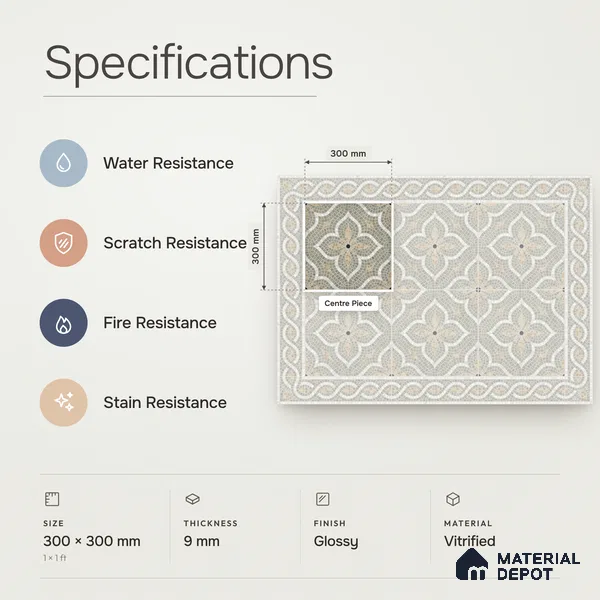 Handmade Third Fired Patterned Wall & Floor Decor Tile TL 13124 Sage Ochre 300x300 mm Embossed Glossy Finish Vitrified Tile - 9 mm | Suitable For Kitchen, Bathroom, Living Area