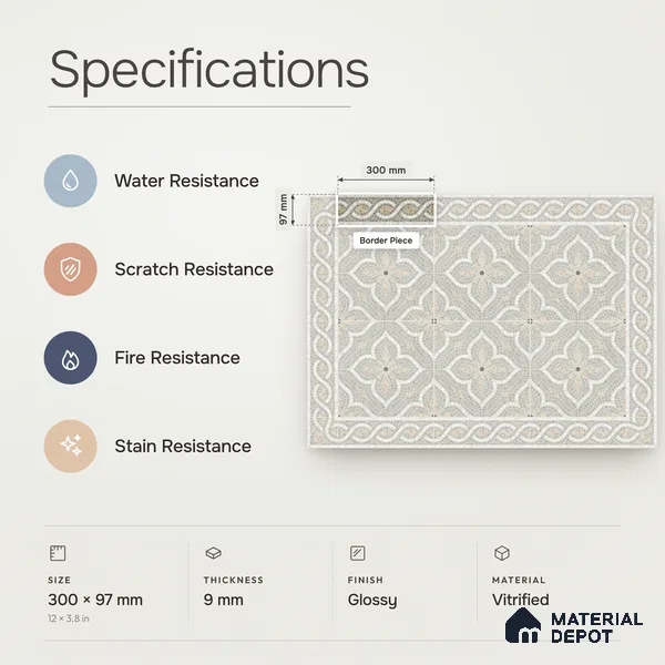 Handmade Third Fired Patterned Wall & Floor Border Tile TL 13124 B Sage Ochre 300x97 mm Embossed Glossy Finish Vitrified Tile - 9 mm | Suitable For Kitchen, Bathroom, Living Area