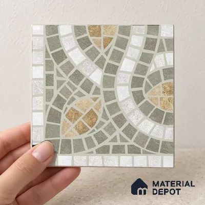 Handmade Third Fired Patterned Wall & Floor Corner Tile TL 13124 C Sage Ochre 97x97 mm Embossed Glossy Finish Vitrified Tile - 9 mm | Suitable For Kitchen, Bathroom, Living Area