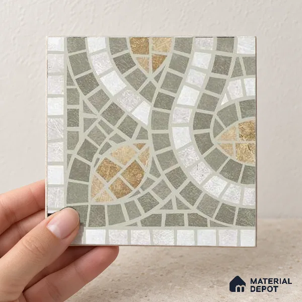 Handmade Third Fired Patterned Wall & Floor Corner Tile TL 13124 C Sage Ochre 97x97 mm Embossed Glossy Finish Vitrified Tile - 9 mm | Suitable For Kitchen, Bathroom, Living Area