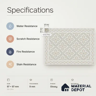 Handmade Third Fired Patterned Wall & Floor Corner Tile TL 13124 C Sage Ochre 97x97 mm Embossed Glossy Finish Vitrified Tile - 9 mm | Suitable For Kitchen, Bathroom, Living Area