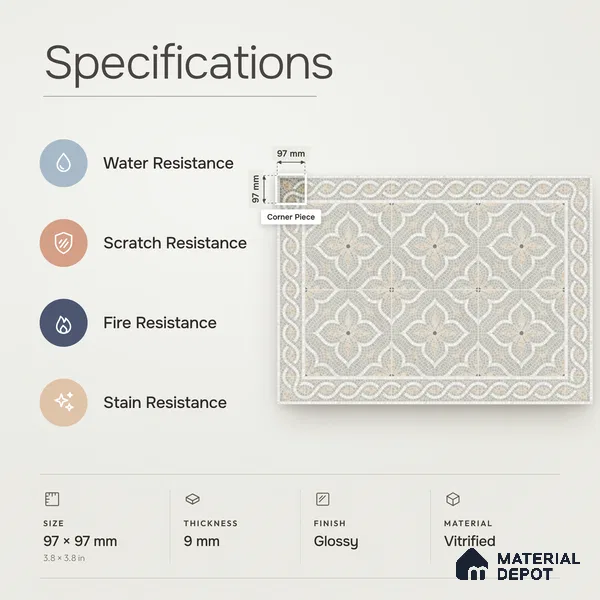 Handmade Third Fired Patterned Wall & Floor Corner Tile TL 13124 C Sage Ochre 97x97 mm Embossed Glossy Finish Vitrified Tile - 9 mm | Suitable For Kitchen, Bathroom, Living Area